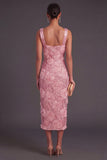 Pink Floral Glitter Sheath Thick Straps Midi Wedding Guest Dress with Slit