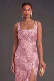 Pink Floral Glitter Sheath Thick Straps Midi Wedding Guest Dress with Slit