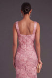 Pink Floral Glitter Sheath Thick Straps Midi Wedding Guest Dress with Slit