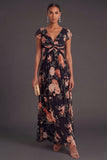 Black Floral A Line V Neck Long Wedding Guest Dress