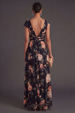 Black Floral A Line V Neck Long Wedding Guest Dress