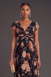 Black Floral A Line V Neck Long Wedding Guest Dress