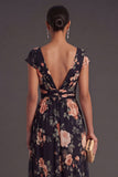 Black Floral A Line V Neck Long Wedding Guest Dress