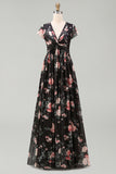 Black Floral A Line V Neck Long Wedding Guest Dress