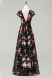 Black Floral A Line V Neck Long Wedding Guest Dress