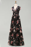 Black Floral A Line V Neck Long Wedding Guest Dress