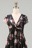 Black Floral A Line V Neck Long Wedding Guest Dress