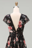 Black Floral A Line V Neck Long Wedding Guest Dress