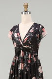 Black Floral A Line V Neck Long Wedding Guest Dress