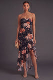 Black Floral A Line Strapless Ruffled High Low Wedding Guest Dress