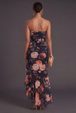 Black Floral A Line Strapless Ruffled High Low Wedding Guest Dress