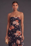 Black Floral A Line Strapless Ruffled High Low Wedding Guest Dress