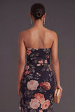 Black Floral A Line Strapless Ruffled High Low Wedding Guest Dress