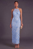 Blue Floral Sheath Long Appliqued Wedding Guest Dress