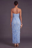 Blue Floral Sheath Long Appliqued Wedding Guest Dress
