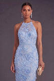 Blue Floral Sheath Long Appliqued Wedding Guest Dress