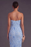 Blue Floral Sheath Long Appliqued Wedding Guest Dress