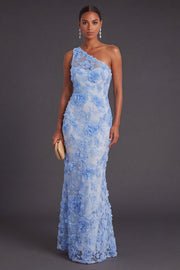 One Shoulder Blue Floral Appliqued Long Wedding Guest Dress