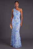One Shoulder Blue Floral Appliqued Long Wedding Guest Dress