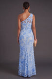 One Shoulder Blue Floral Appliqued Long Wedding Guest Dress