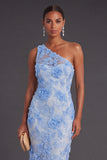 One Shoulder Blue Floral Appliqued Long Wedding Guest Dress