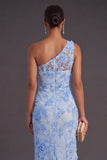 One Shoulder Blue Floral Appliqued Long Wedding Guest Dress