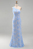 One Shoulder Blue Floral Appliqued Long Wedding Guest Dress