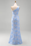 One Shoulder Blue Floral Appliqued Long Wedding Guest Dress