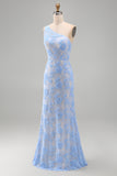 One Shoulder Blue Floral Appliqued Long Wedding Guest Dress