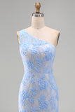 One Shoulder Blue Floral Appliqued Long Wedding Guest Dress