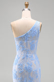 One Shoulder Blue Floral Appliqued Long Wedding Guest Dress