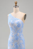 One Shoulder Blue Floral Appliqued Long Wedding Guest Dress