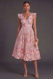 A Line Floral Pink V Neck Embroidered Midi Wedding Guest Dress