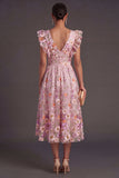 A Line Floral Pink V Neck Embroidered Midi Wedding Guest Dress