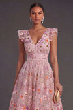 A Line Floral Pink V Neck Embroidered Midi Wedding Guest Dress