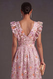 A Line Floral Pink V Neck Embroidered Midi Wedding Guest Dress