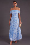 A Line Blue Floral Off the Shoulder Long Wedding Guest Dress