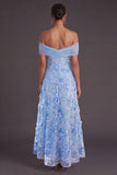 A Line Blue Floral Off the Shoulder Long Wedding Guest Dress
