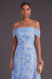 A Line Blue Floral Off the Shoulder Long Wedding Guest Dress
