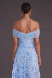 A Line Blue Floral Off the Shoulder Long Wedding Guest Dress