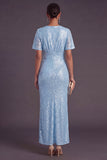 Light Blue Glitter Mermaid Long Wedding Guest Dress with Short Sleeves