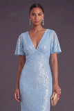 Light Blue Glitter Mermaid Long Wedding Guest Dress with Short Sleeves
