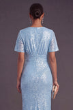 Light Blue Glitter Mermaid Long Wedding Guest Dress with Short Sleeves