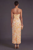 Yellow Floral Sheath Ruched Long Wedding Guest Dress with Slit