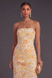 Yellow Floral Sheath Ruched Long Wedding Guest Dress with Slit