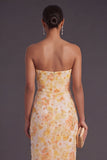 Yellow Floral Sheath Ruched Long Wedding Guest Dress with Slit