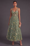Dusty Sage Floral Corset A Line Long Wedding Guest Dress