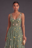 Dusty Sage Floral Corset A Line Long Wedding Guest Dress