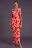 Sheath Orange V Neck Pleated Long Wedding Guest Dress