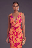 Sheath Orange V Neck Pleated Long Wedding Guest Dress